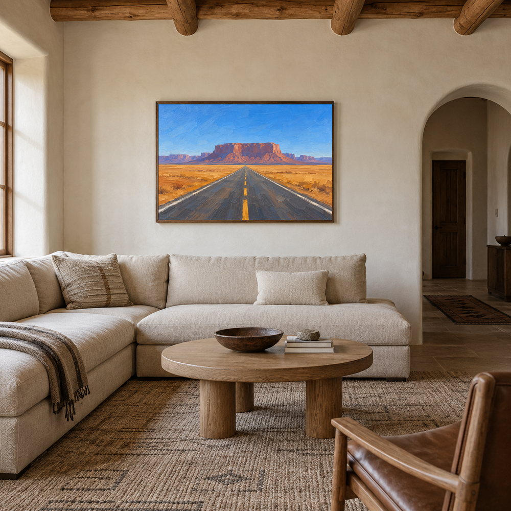 Road Toward the Mesa oil painting displayed in a modern Southwestern living room