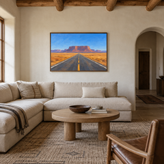 Road Toward the Mesa oil painting displayed in a modern Southwestern living room