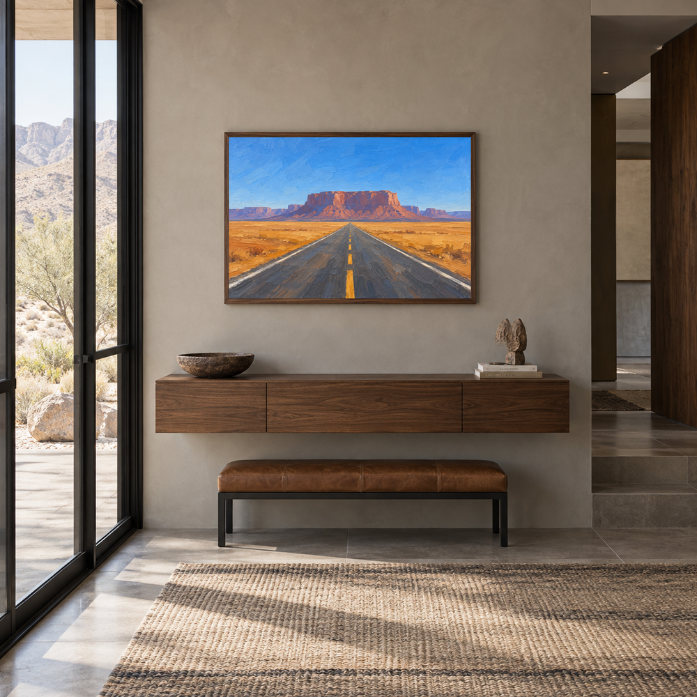Road Toward the Mesa oil painting displayed in a adobe-inspired entryway