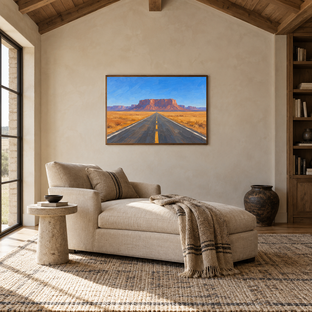 Road Toward the Mesa oil painting displayed in a quiet reading room