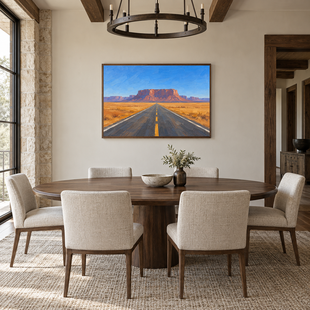 Road Toward the Mesa oil painting displayed in a modern farmhouse dining room