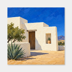 Adobe House in Desert Light oil painting with cream architecture, cobalt sky and green desert plants