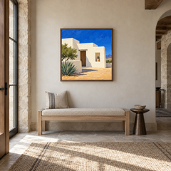 Adobe House in Desert Light oil painting displayed in a adobe-inspired entryway