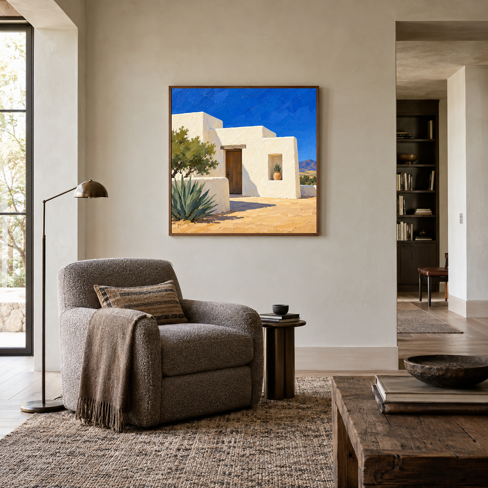 Adobe House in Desert Light oil painting displayed in a quiet reading room