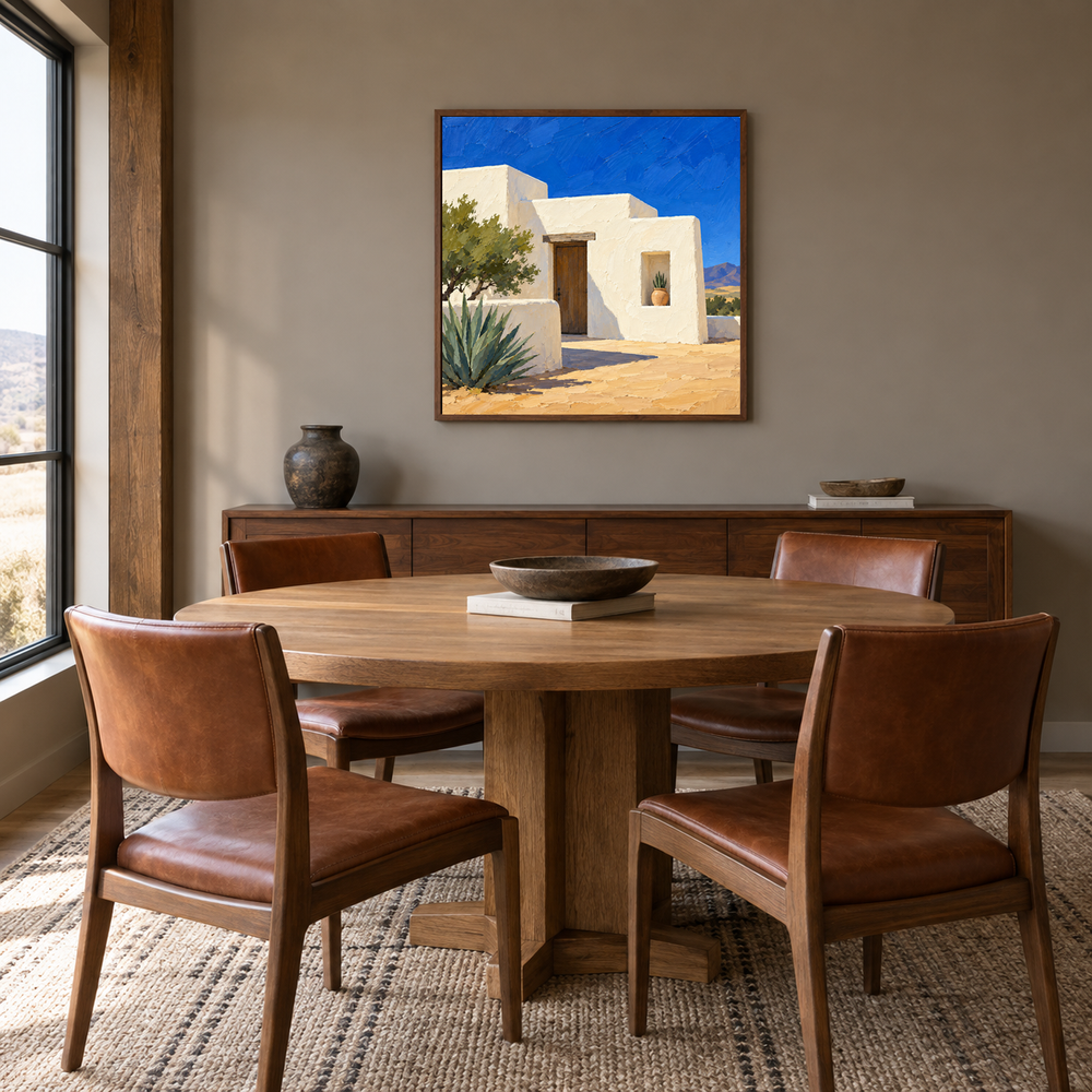 Adobe House in Desert Light oil painting displayed in a modern farmhouse dining room