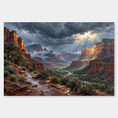 Red Rock After the Storm oil landscape with rain-wet canyon walls, gray-blue clouds and shafts of sunlight