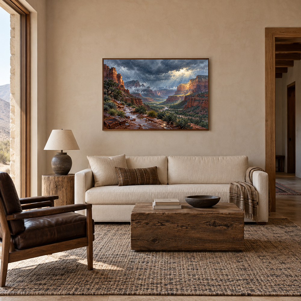 Red Rock After the Storm oil painting displayed in a modern Southwestern living room