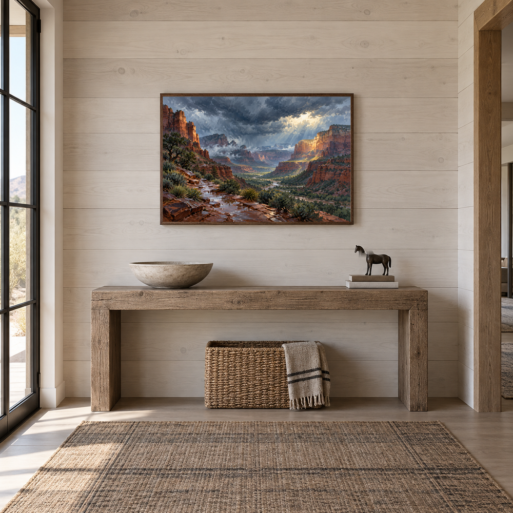 Red Rock After the Storm oil painting displayed in a adobe-inspired entryway