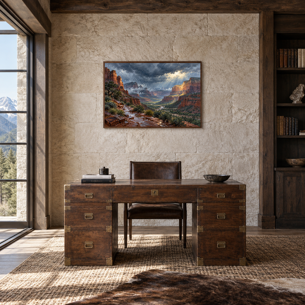 Red Rock After the Storm oil painting displayed in a natural-wood study