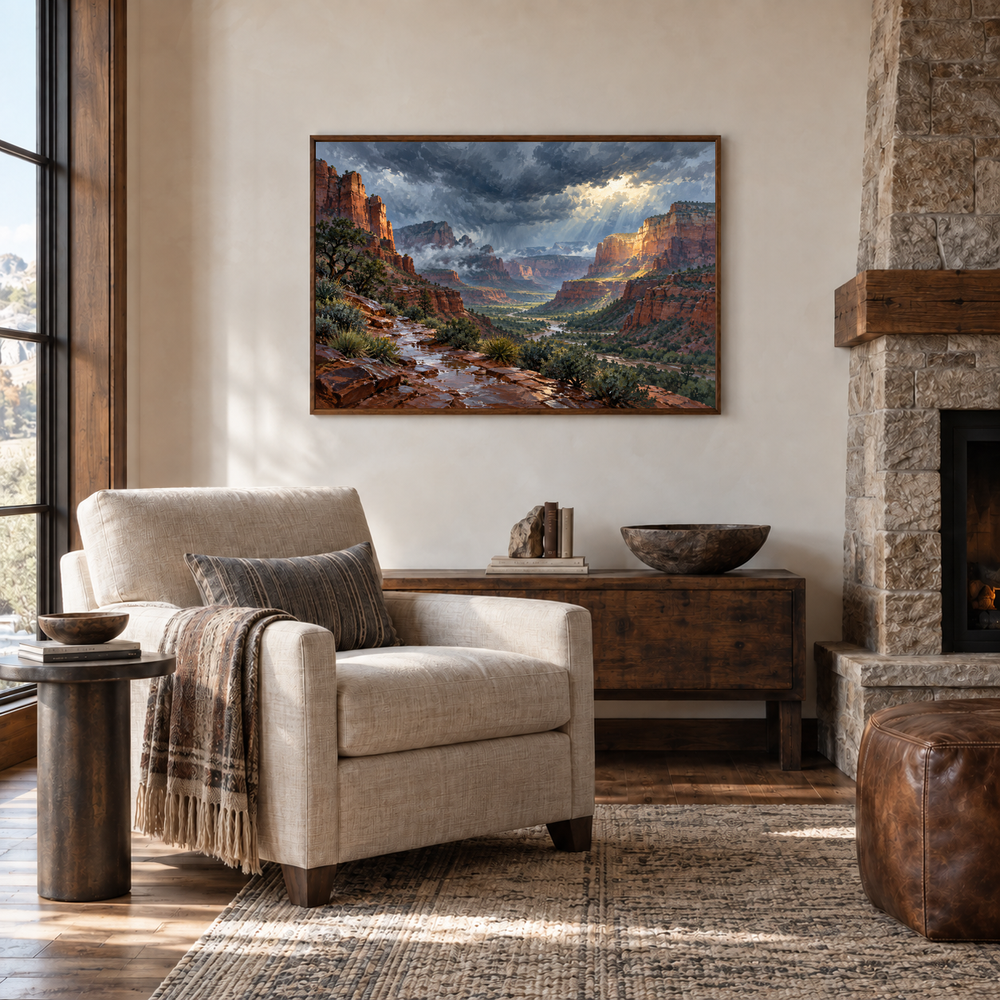Red Rock After the Storm oil painting displayed in a quiet reading room