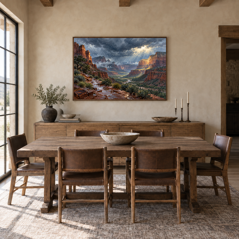 Red Rock After the Storm oil painting displayed in a modern farmhouse dining room