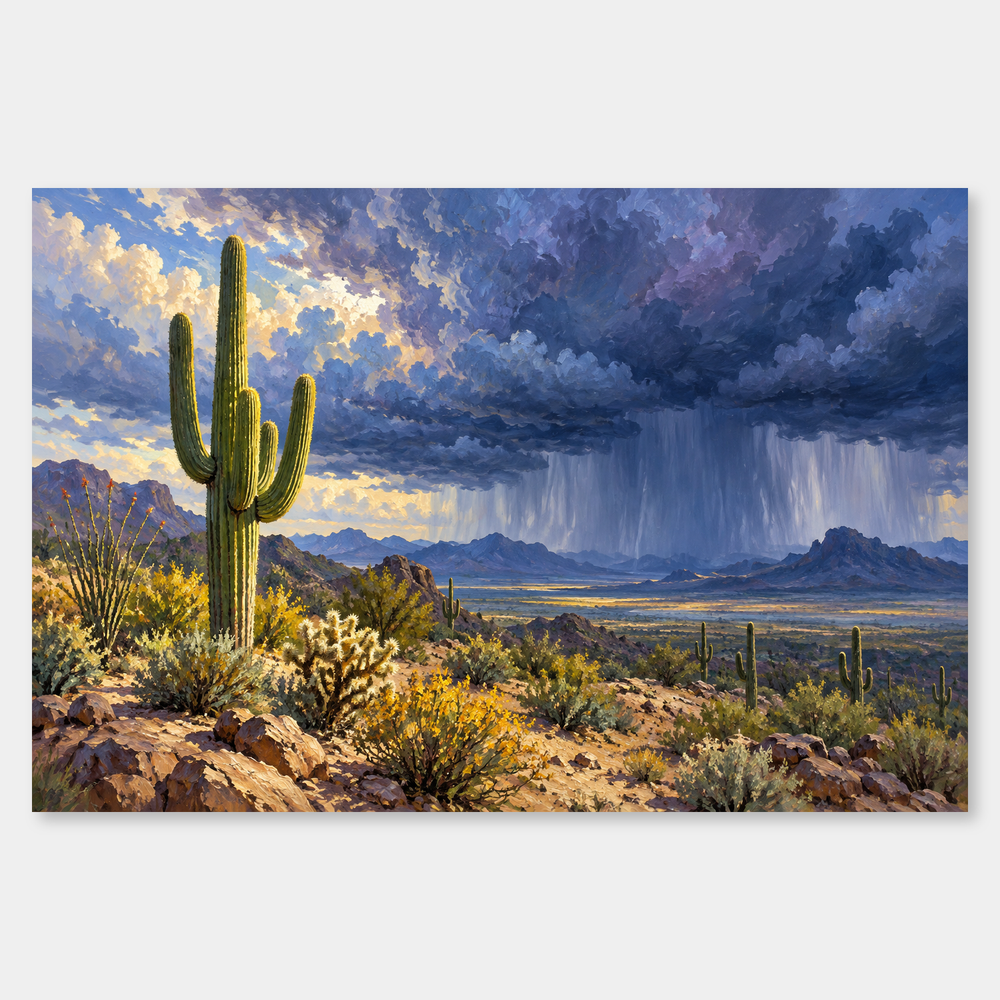 Desert Monsoon oil landscape of a sunlit saguaro, blue-violet clouds and distant rain curtain