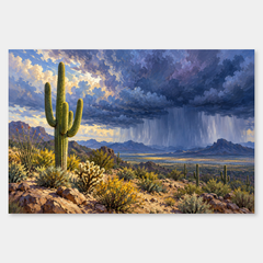 Desert Monsoon oil landscape of a sunlit saguaro, blue-violet clouds and distant rain curtain