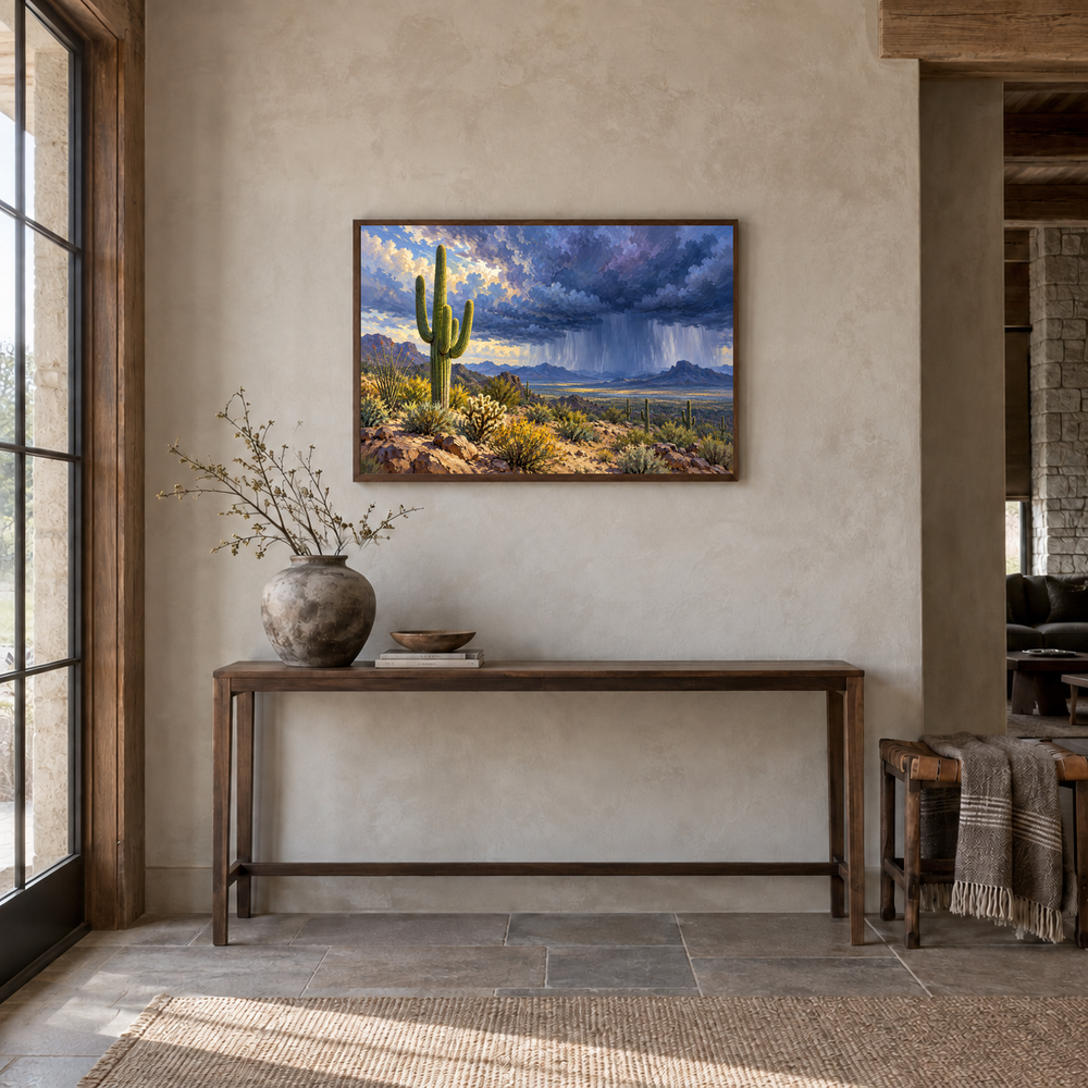Desert Monsoon oil painting displayed in a adobe-inspired entryway