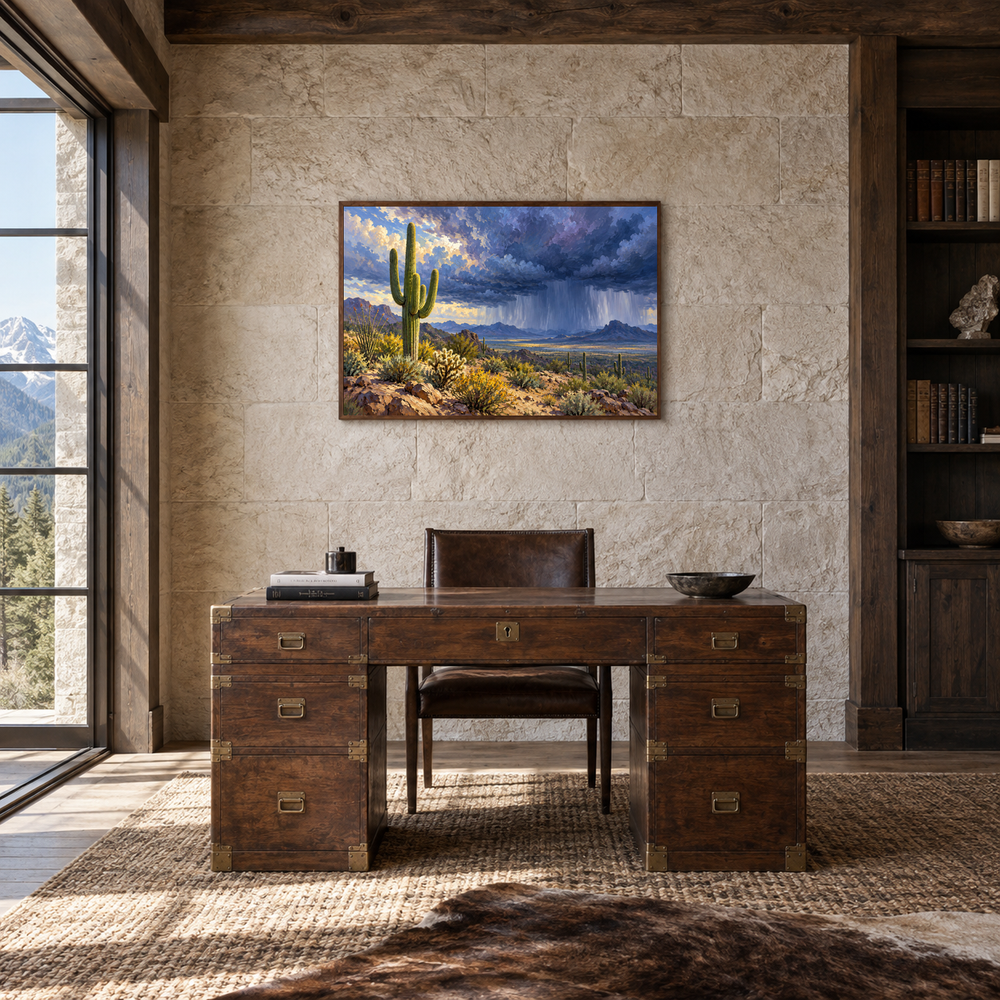 Desert Monsoon oil painting displayed in a natural-wood study