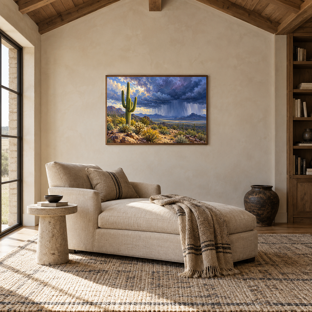 Desert Monsoon oil painting displayed in a quiet reading room