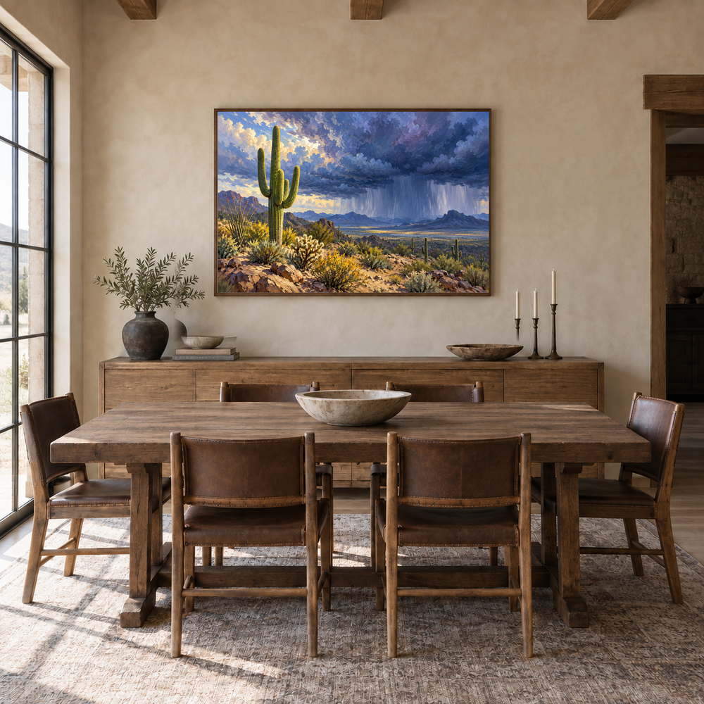 Desert Monsoon oil painting displayed in a modern farmhouse dining room