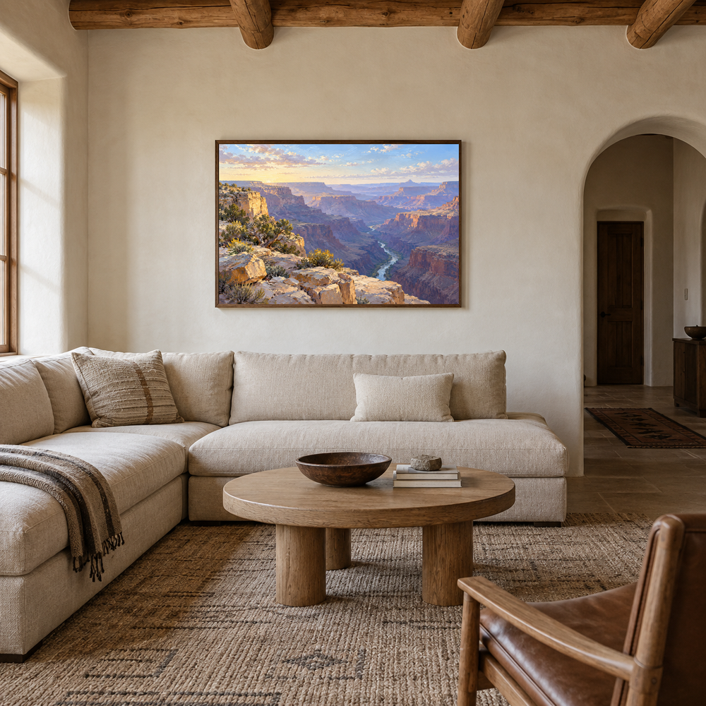 First Light Over the Canyon oil painting displayed in a modern Southwestern living room