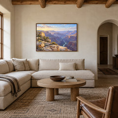 First Light Over the Canyon oil painting displayed in a modern Southwestern living room