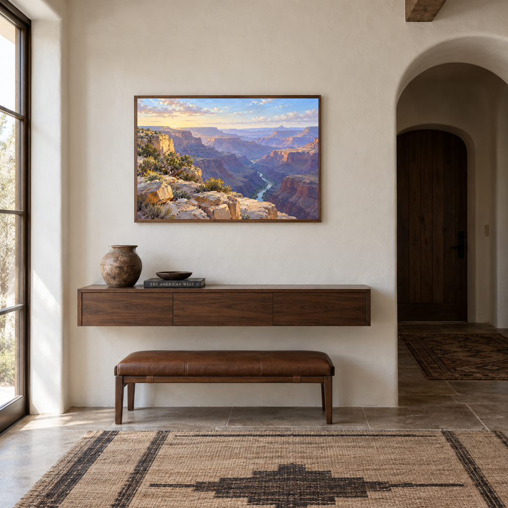 First Light Over the Canyon oil painting displayed in a adobe-inspired entryway