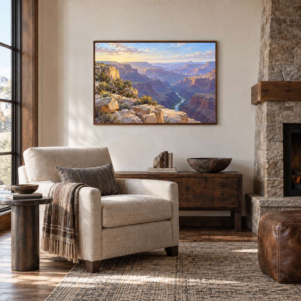 First Light Over the Canyon oil painting displayed in a quiet reading room