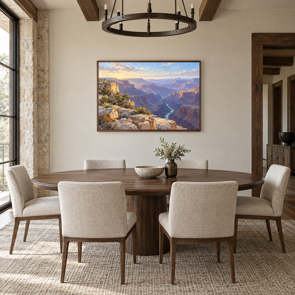 First Light Over the Canyon oil painting displayed in a modern farmhouse dining room