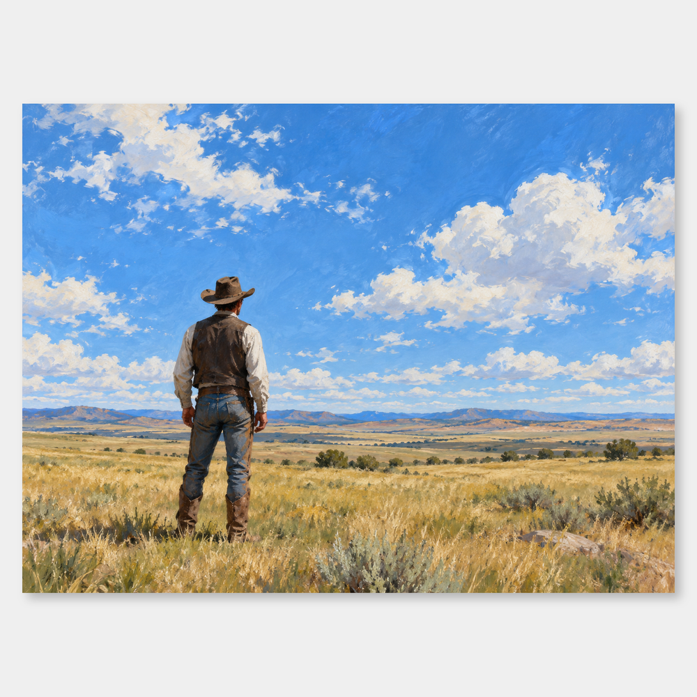 Cowboy Under the Big Sky Western oil painting on a light gray background