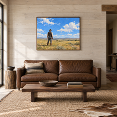 Cowboy Under the Big Sky displayed in a Western-inspired living room