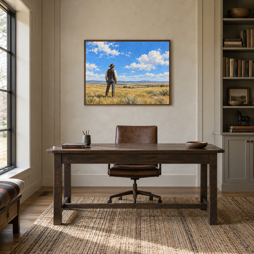 Cowboy Under the Big Sky displayed in a Western-inspired study