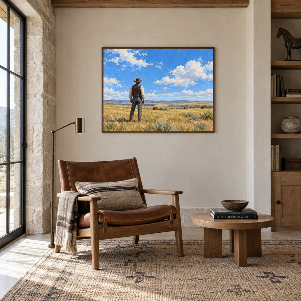 Cowboy Under the Big Sky displayed in a Western-inspired reading room