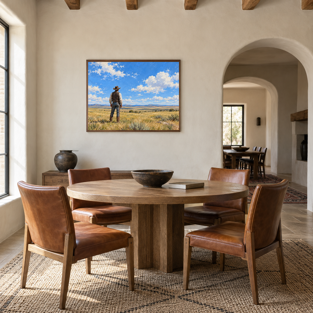 Cowboy Under the Big Sky displayed in a Western-inspired dining room