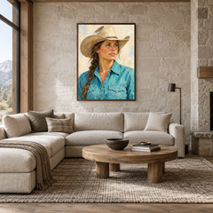 Cowgirl in Turquoise displayed in a Western-inspired living room