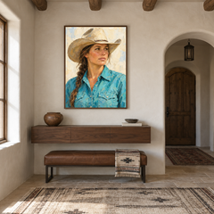 Cowgirl in Turquoise displayed in a Western-inspired entryway