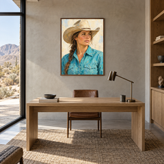 Cowgirl in Turquoise displayed in a Western-inspired study