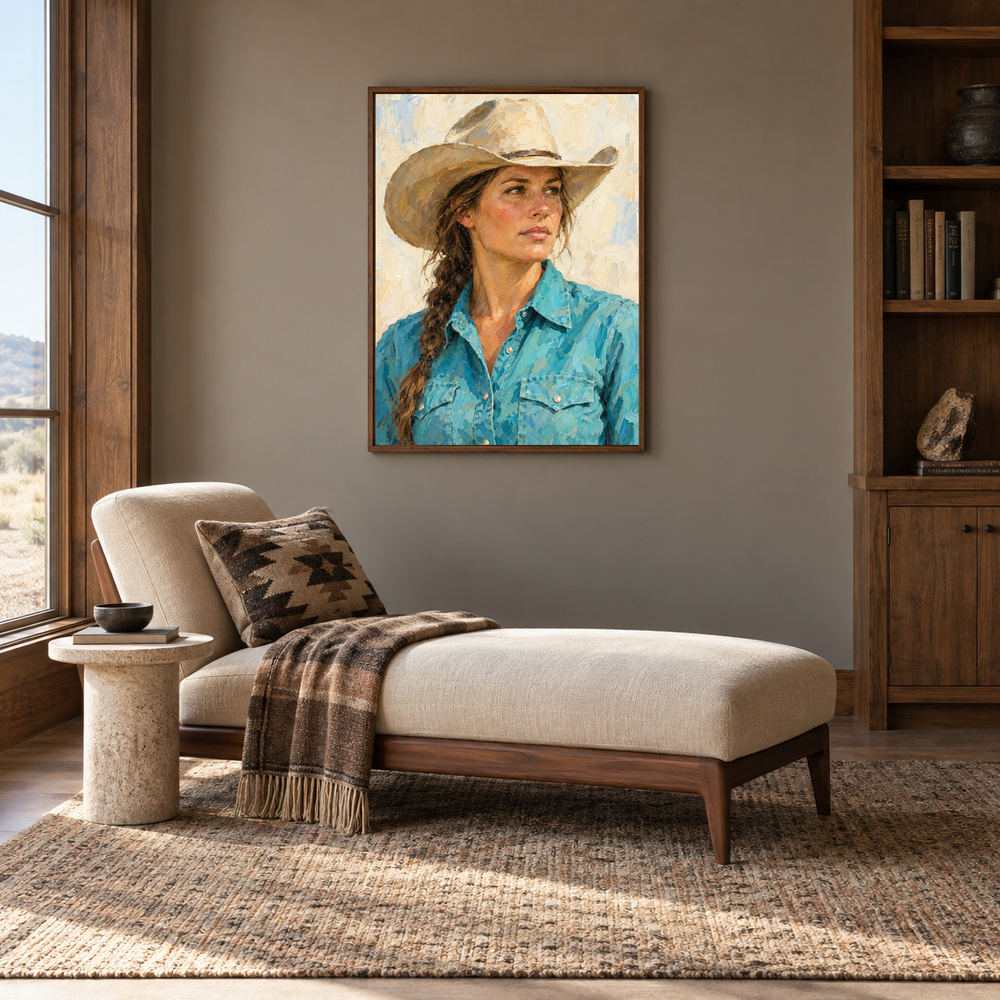 Cowgirl in Turquoise displayed in a Western-inspired reading room
