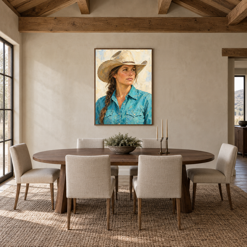 Cowgirl in Turquoise displayed in a Western-inspired dining room