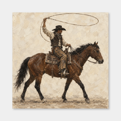Lasso Rider Western oil painting on a light gray background