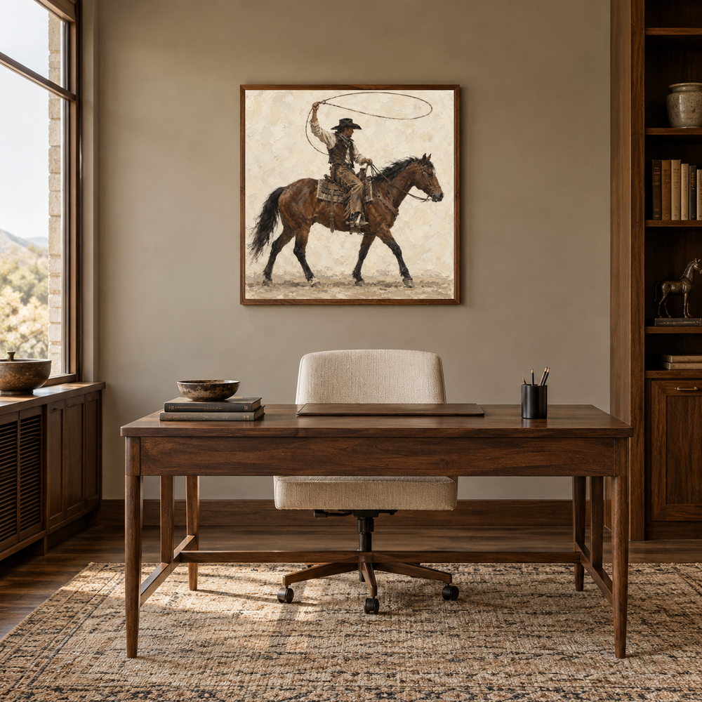 Lasso Rider displayed in a Western-inspired study