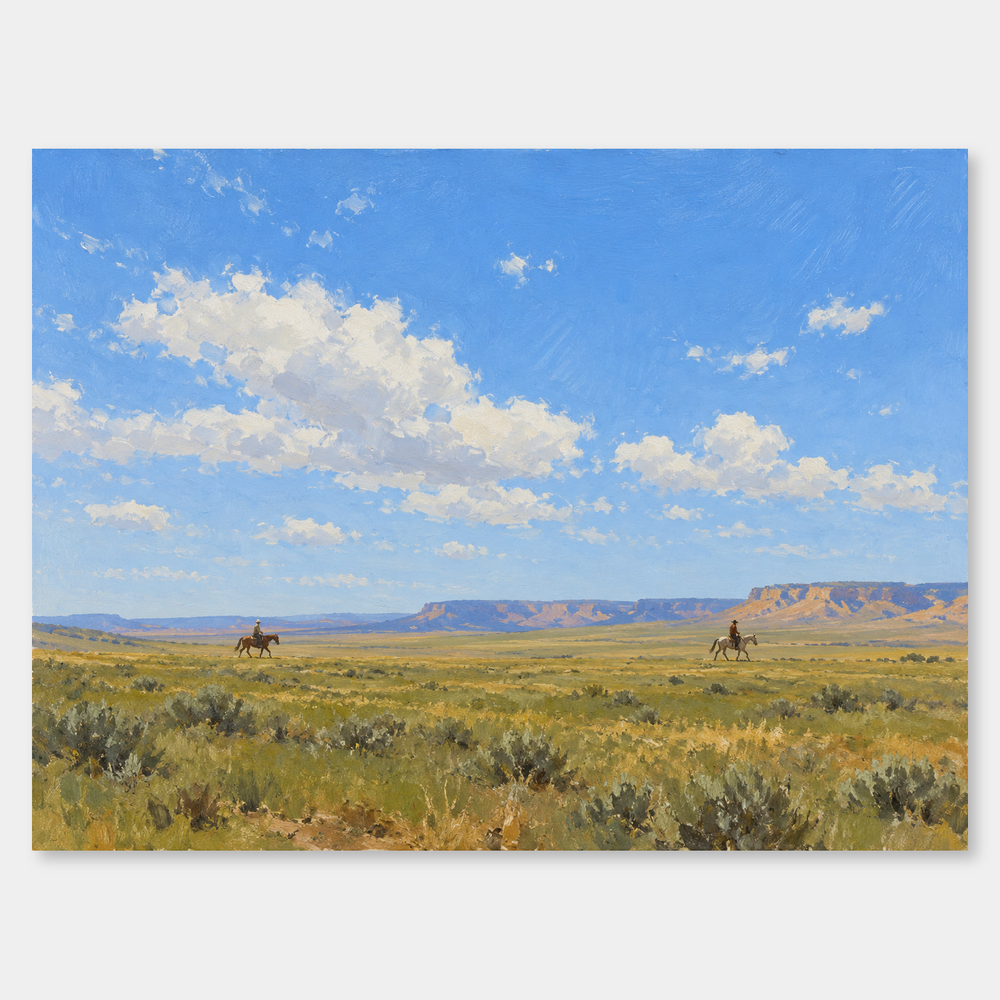 Two Riders in Open Country Western oil painting on a light gray background