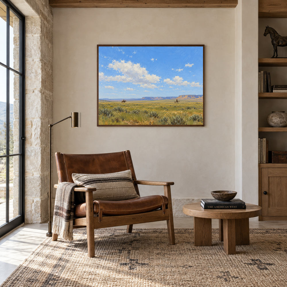 Two Riders in Open Country displayed in a Western-inspired reading room
