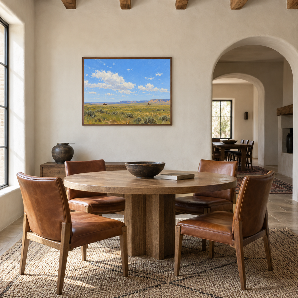 Two Riders in Open Country displayed in a Western-inspired dining room