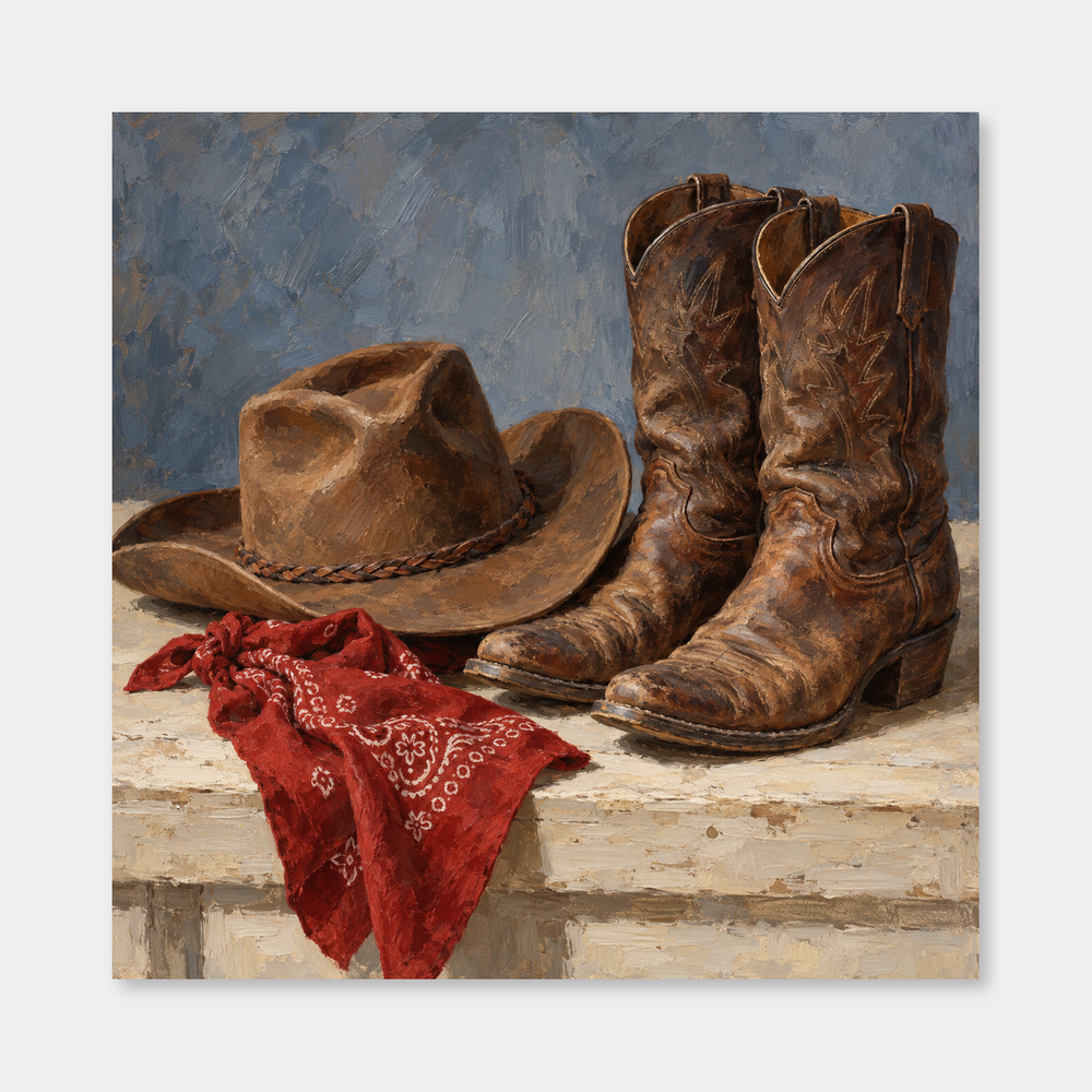 Hat, Boots & Bandana Western oil painting on a light gray background