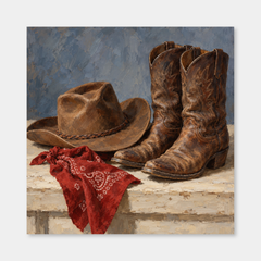 Hat, Boots & Bandana Western oil painting on a light gray background