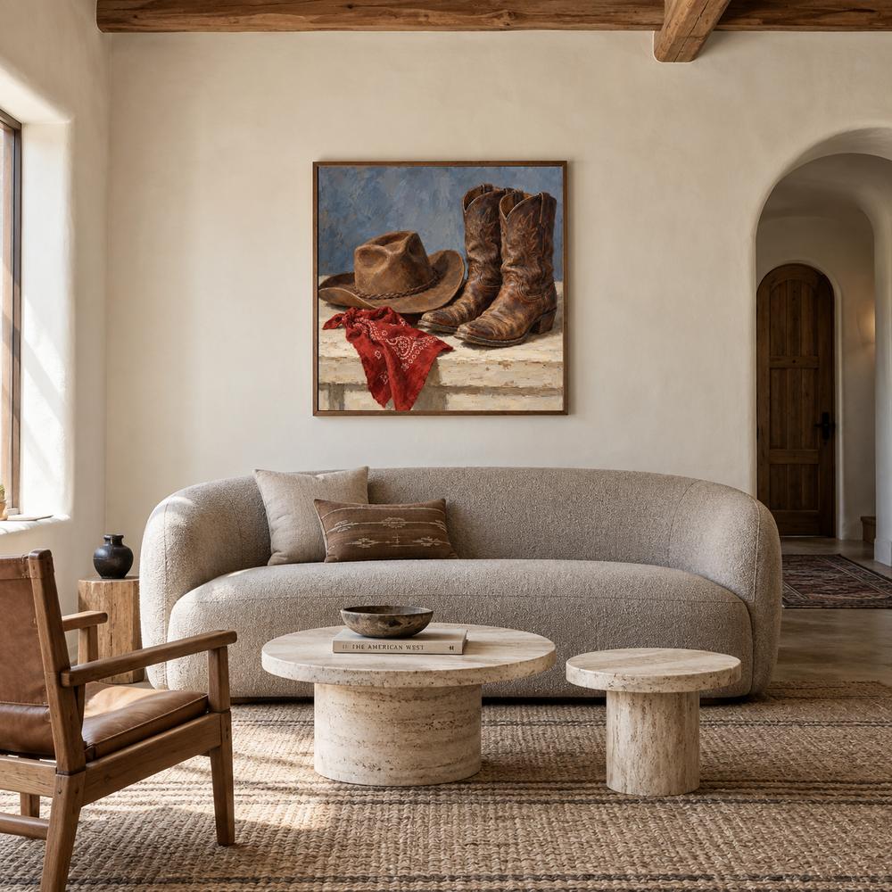 Hat, Boots & Bandana displayed in a Western-inspired living room