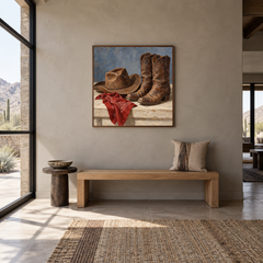 Hat, Boots & Bandana displayed in a Western-inspired entryway