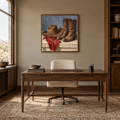 Hat, Boots & Bandana displayed in a Western-inspired study