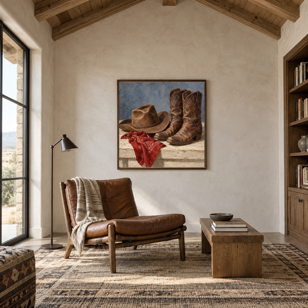 Hat, Boots & Bandana displayed in a Western-inspired reading room