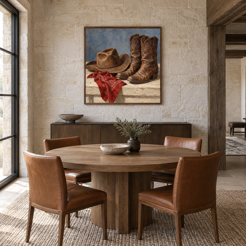 Hat, Boots & Bandana displayed in a Western-inspired dining room