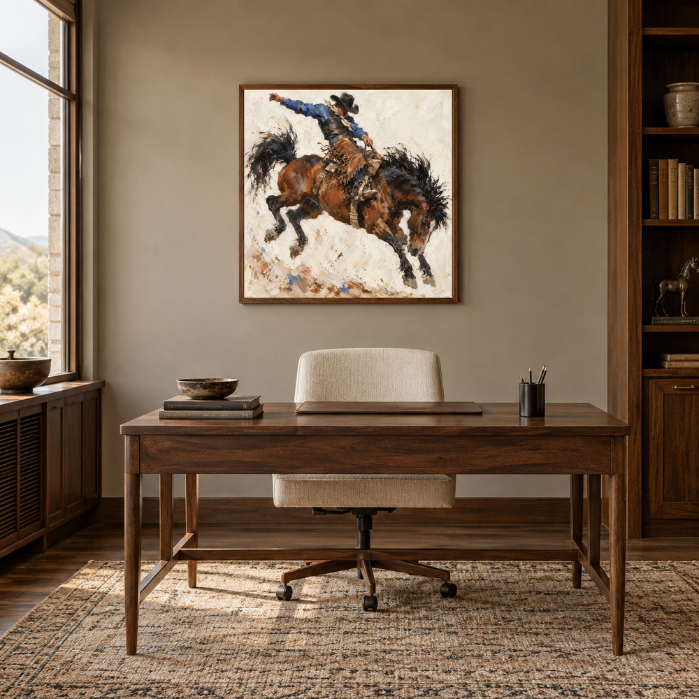 Rodeo Motion Study displayed in a Western-inspired study