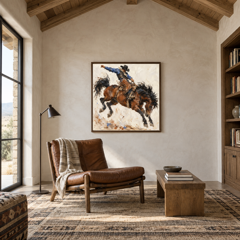 Rodeo Motion Study displayed in a Western-inspired reading room
